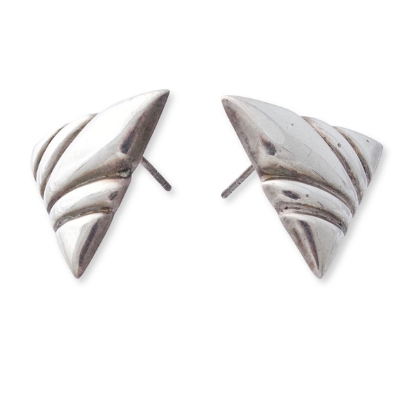 Vintage Sterling Silver Triangle Stud Earrings Modernist Large Studs - Picture 2 of 5